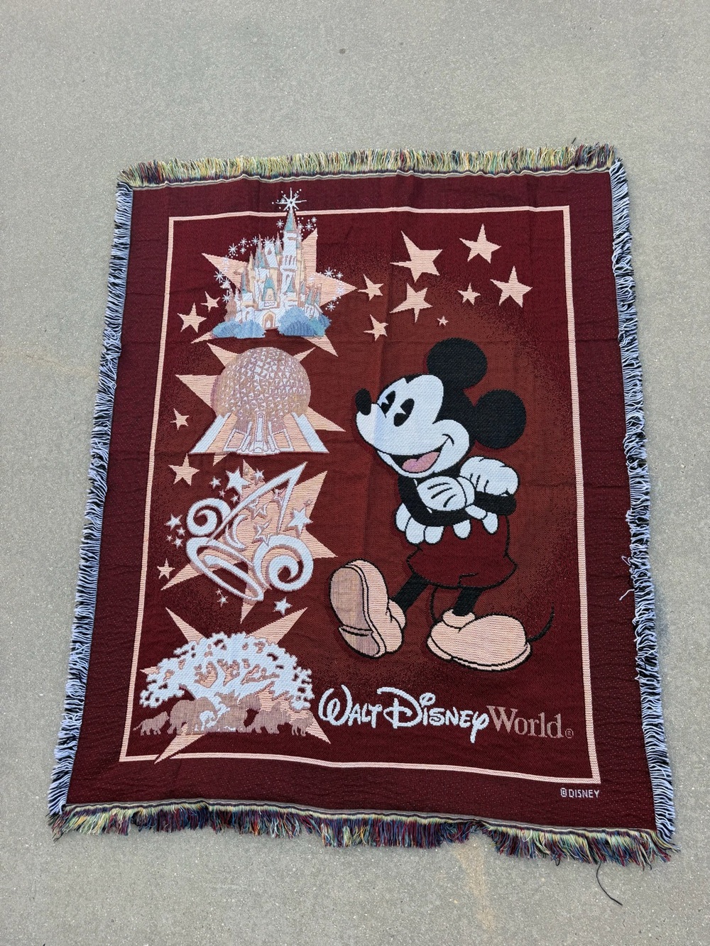 Disney Burgundy Mickey Mouse Woven Throw Blanket with Fringe vintage